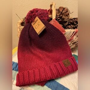 CC Exclusives Burgundy Ombré Pom Pom Beanie with Fuzzy Lining Inside